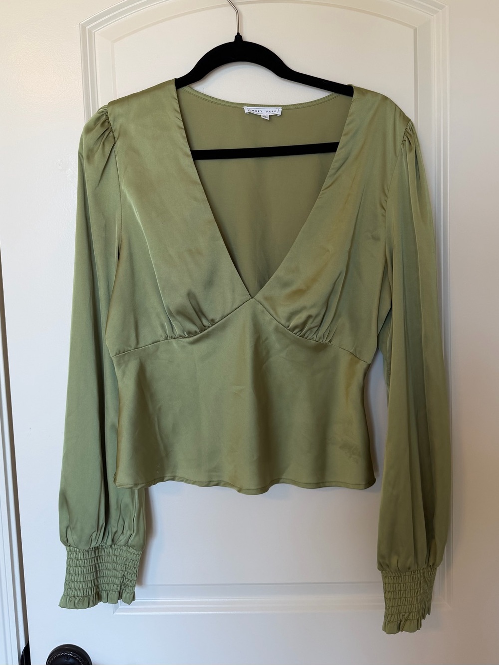 Olive Green Satin V-Neck Long Sleeve Blouse